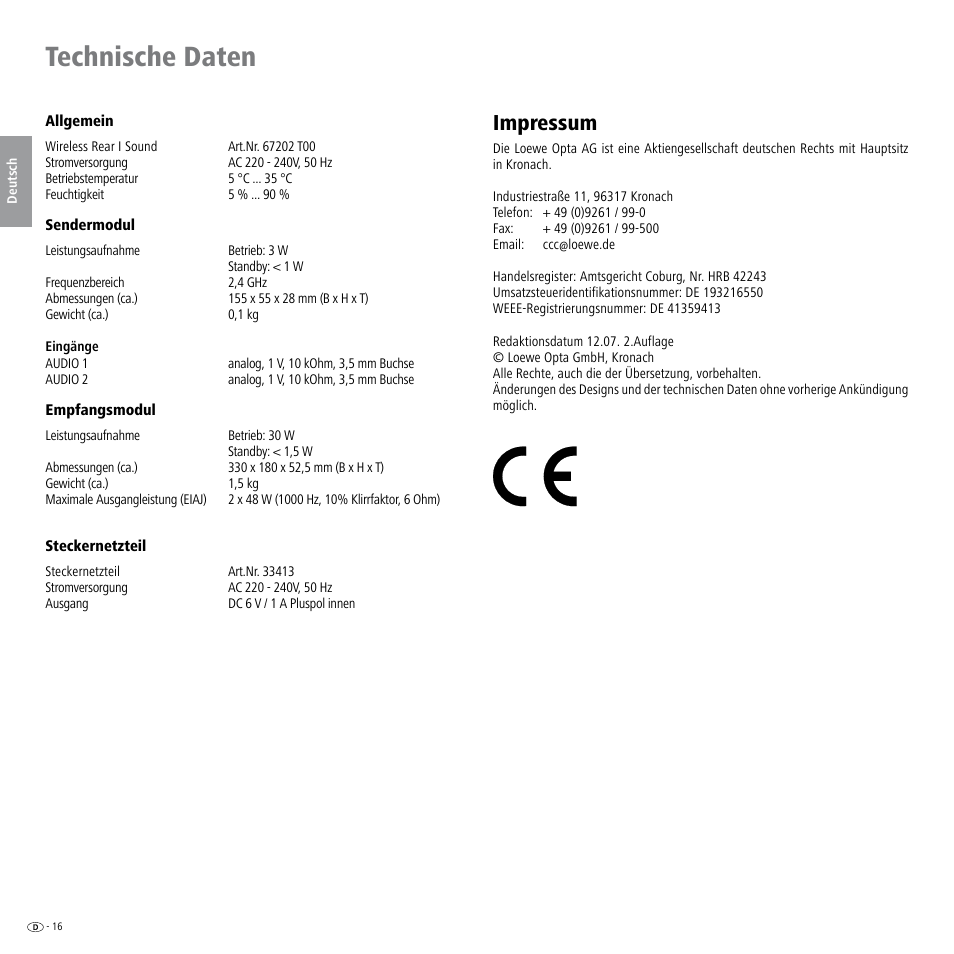 Technische daten, Impressum | Loewe Wireless Speaker User Manual | Page 16 / 88
