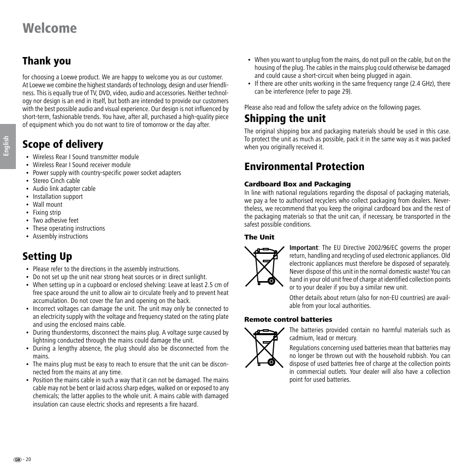 Welcome, Thank you, Scope of delivery | Setting up, Environmental protection, Cardboard box and packaging, The unit, Remote control batteries, Shipping the unit | Loewe Wireless Speaker User Manual | Page 20 / 88