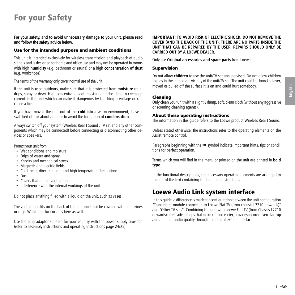 For your safety, Supervision, Cleaning | About these operating instructions, Loewe audio link system interface | Loewe Wireless Speaker User Manual | Page 21 / 88