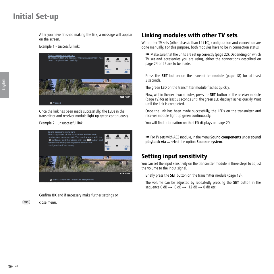 Linking modules with other tv sets, Setting input sensitivity, Initial set-up | Loewe Wireless Speaker User Manual | Page 28 / 88