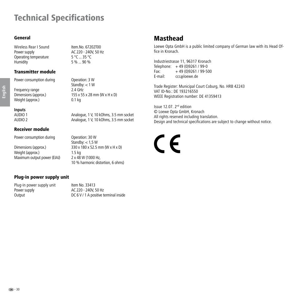 Technical specifications, General, Masthead | Loewe Wireless Speaker User Manual | Page 30 / 88