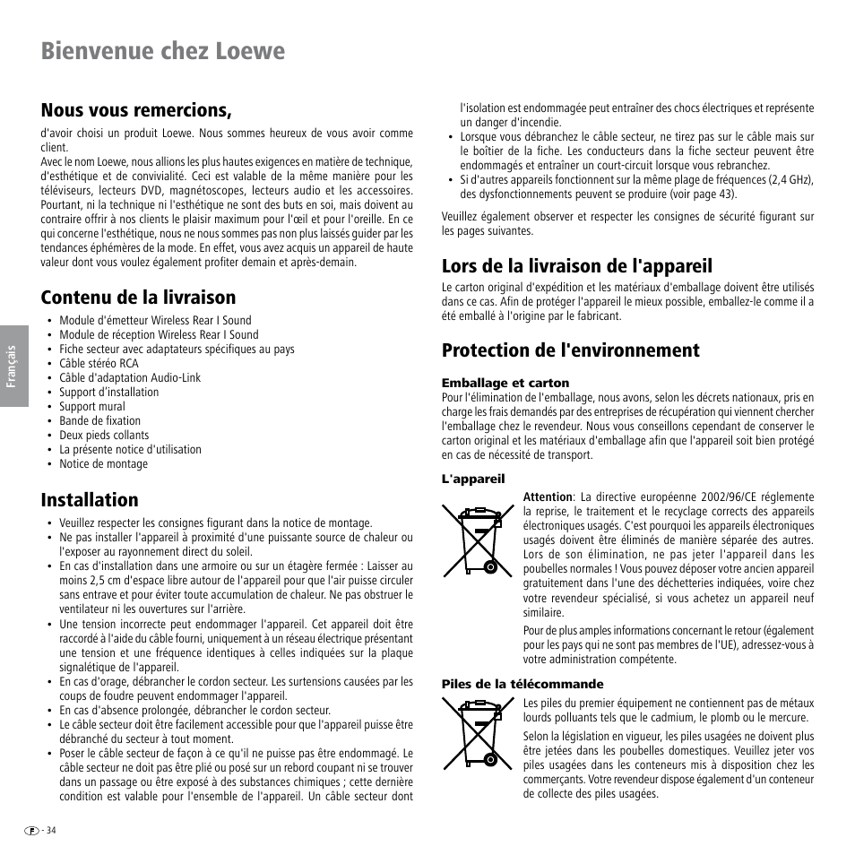 Bienvenue chez loewe, Contenu de la livraison, Installation | Protection de l'environnement, Emballage et carton, L'appareil, Piles de la télécommande, Nous vous remercions, Lors de la livraison de l'appareil | Loewe Wireless Speaker User Manual | Page 34 / 88