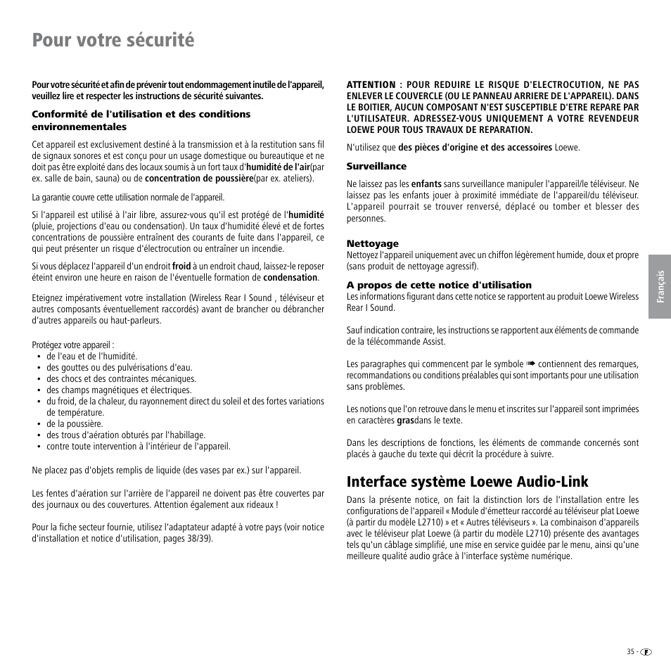 Pour votre sécurité, Surveillance, Nettoyage | A propos de cette notice d'utilisation, Interface système loewe audio-link | Loewe Wireless Speaker User Manual | Page 35 / 88