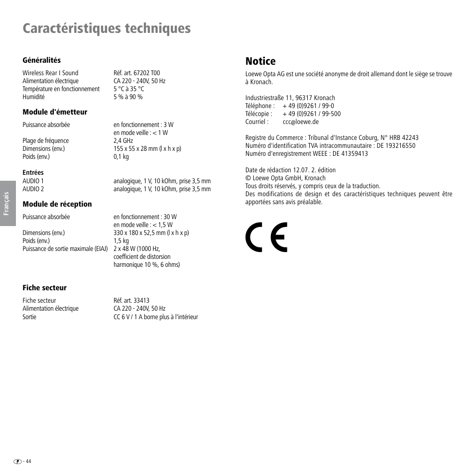 Caractéristiques techniques, Notice | Loewe Wireless Speaker User Manual | Page 44 / 88