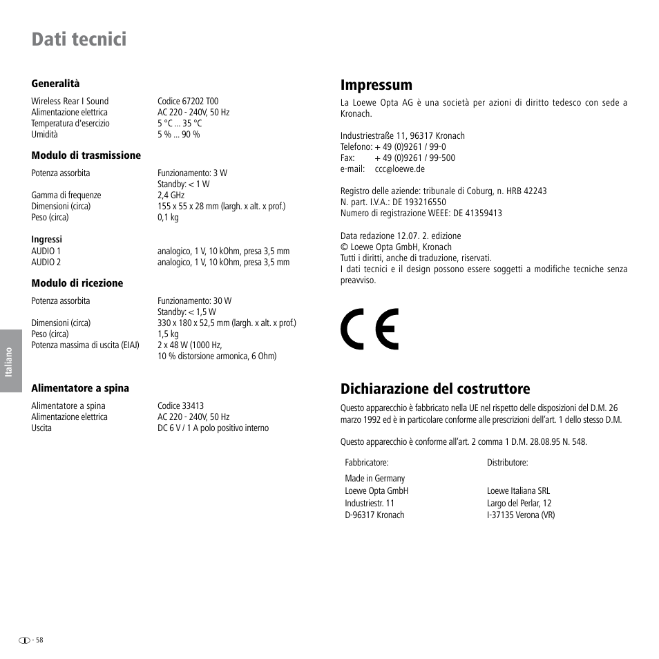 Dati tecnici, Impressum, Dichiarazione del costruttore | Impressum dichiarazione del costruttore | Loewe Wireless Speaker User Manual | Page 58 / 88