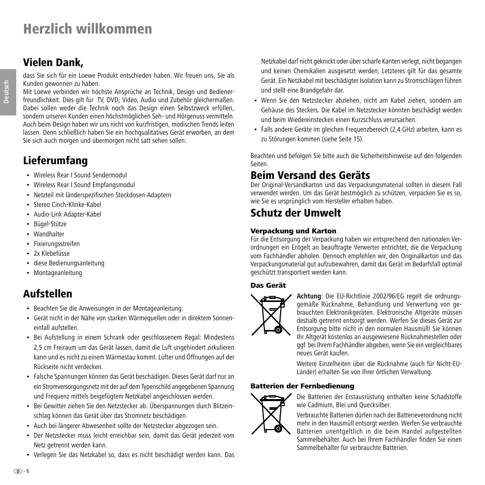 Herzlich willkommen, Lieferumfang, Aufstellen | Schutz der umwelt, Verpackung und karton, Das gerät, Batterien der fernbedienung, Lieferumfang aufstellen schutz der umwelt, Vielen dank, Beim versand des geräts | Loewe Wireless Speaker User Manual | Page 6 / 88