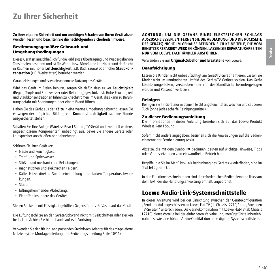 Zu ihrer sicherheit, Beaufsichtigung, Reinigen | Zu dieser bedienungsanleitung, Loewe audio-link-systemschnittstelle | Loewe Wireless Speaker User Manual | Page 7 / 88