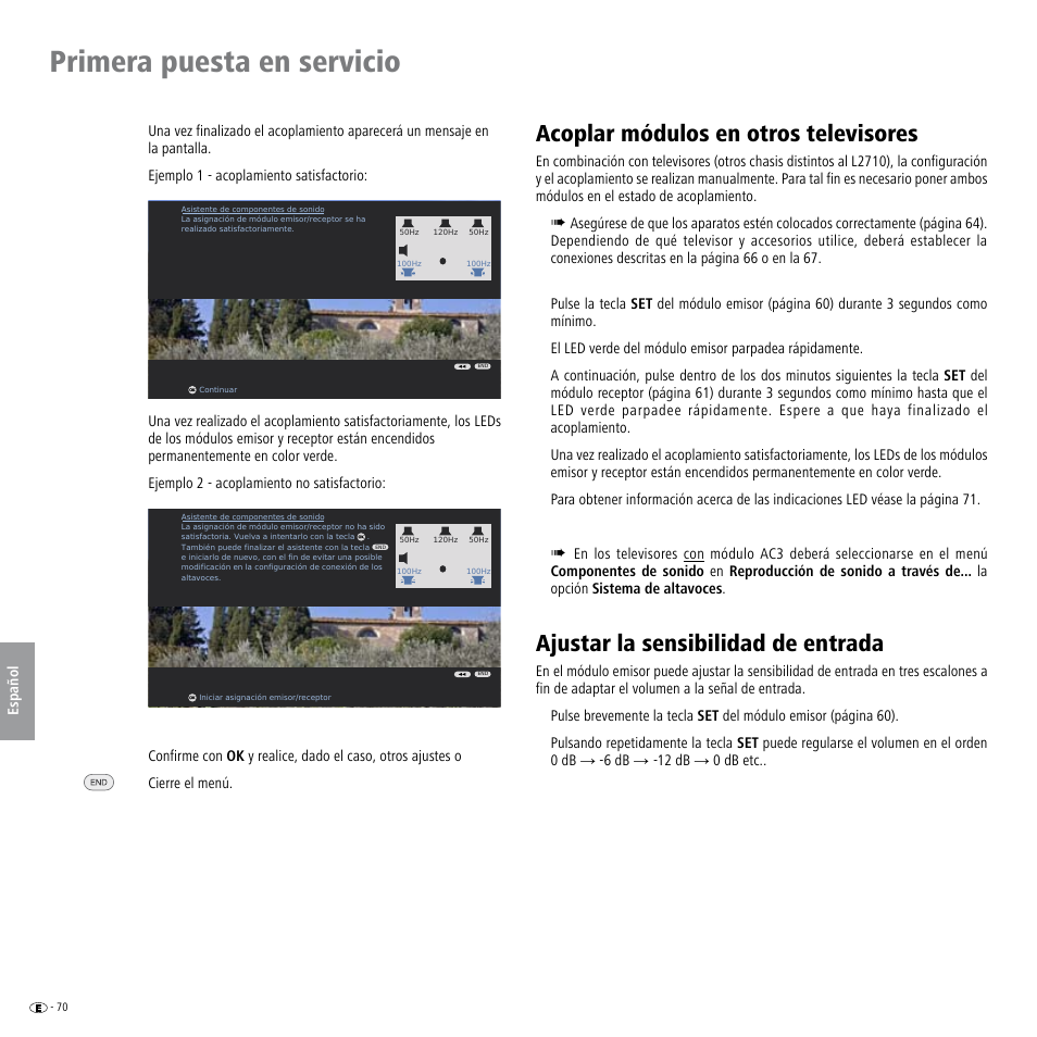 Acoplar módulos en otros televisores, Ajustar la sensibilidad de entrada, Primera puesta en servicio | Loewe Wireless Speaker User Manual | Page 70 / 88