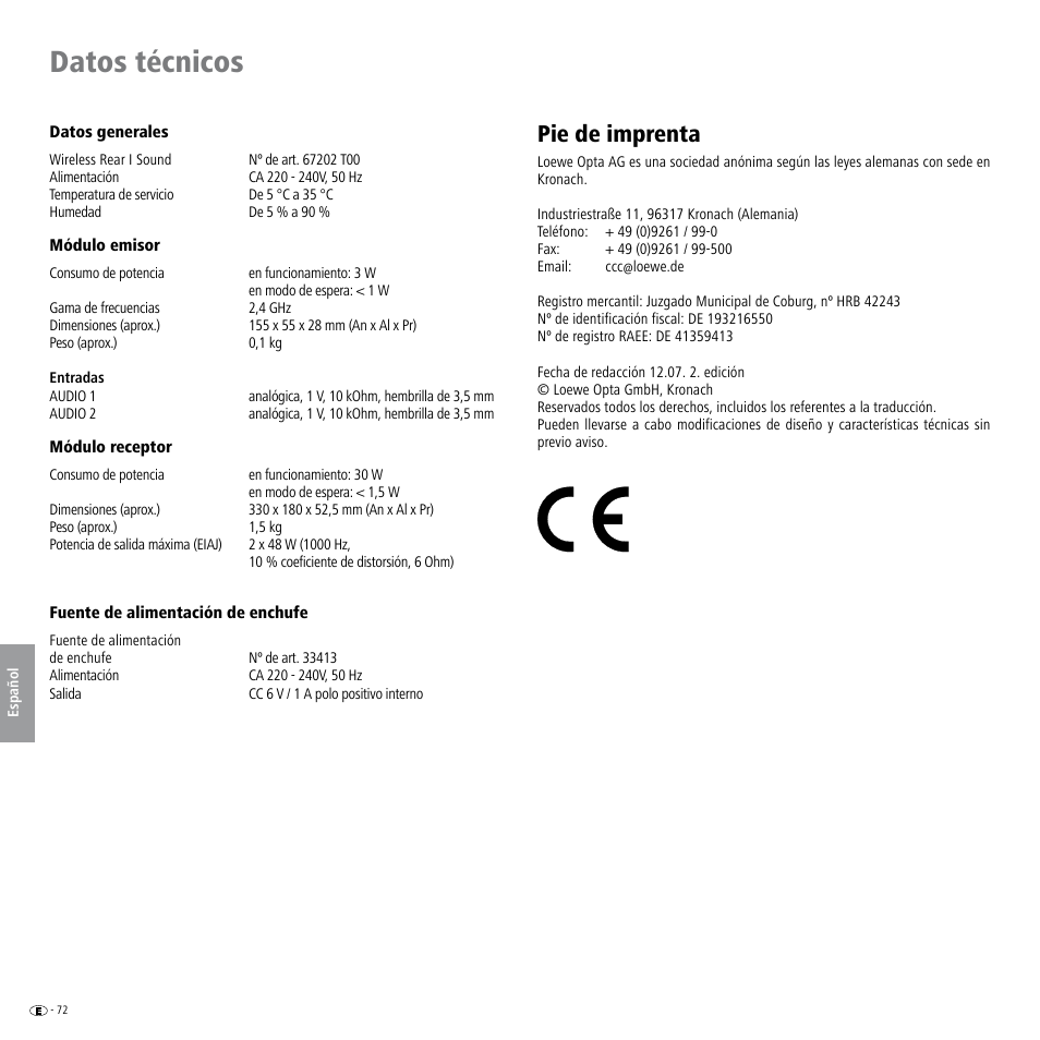 Datos técnicos, Pie de imprenta | Loewe Wireless Speaker User Manual | Page 72 / 88