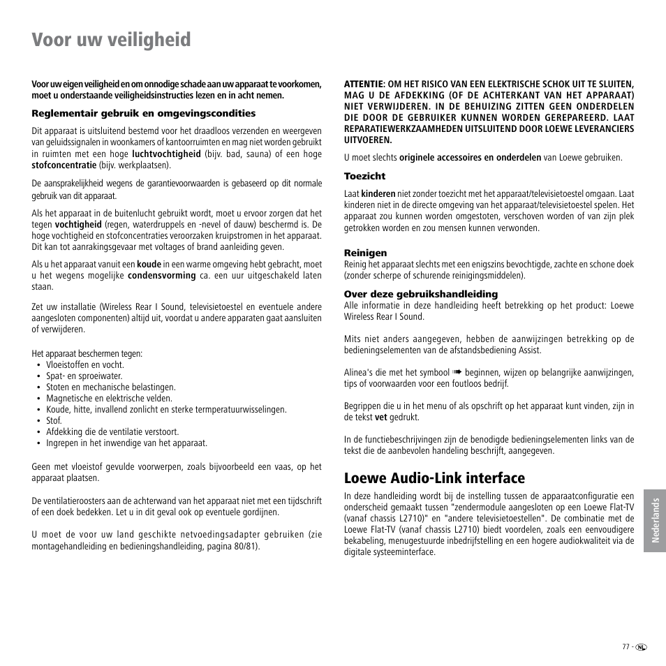 Voor uw veiligheid, Reglementair gebruik en omgevingscondities, Toezicht | Reinigen, Over deze gebruikshandleiding, Loewe audio-link interface, Reinigen over deze gebruikshandleiding | Loewe Wireless Speaker User Manual | Page 77 / 88