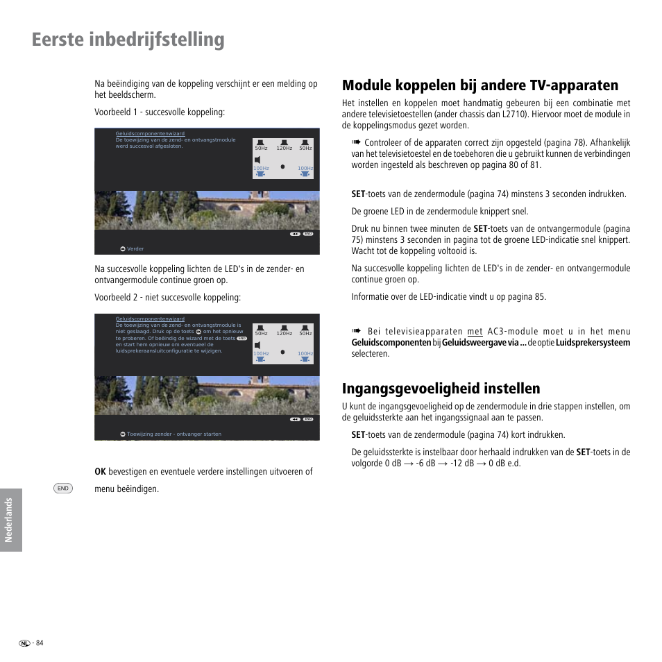 Module koppelen bij andere tv-apparaten, Ingangsgevoeligheid instellen, Eerste inbedrijfstelling | Loewe Wireless Speaker User Manual | Page 84 / 88