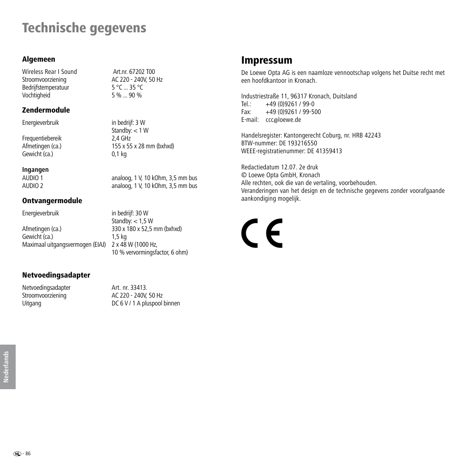 Technische gegevens, Impressum | Loewe Wireless Speaker User Manual | Page 86 / 88