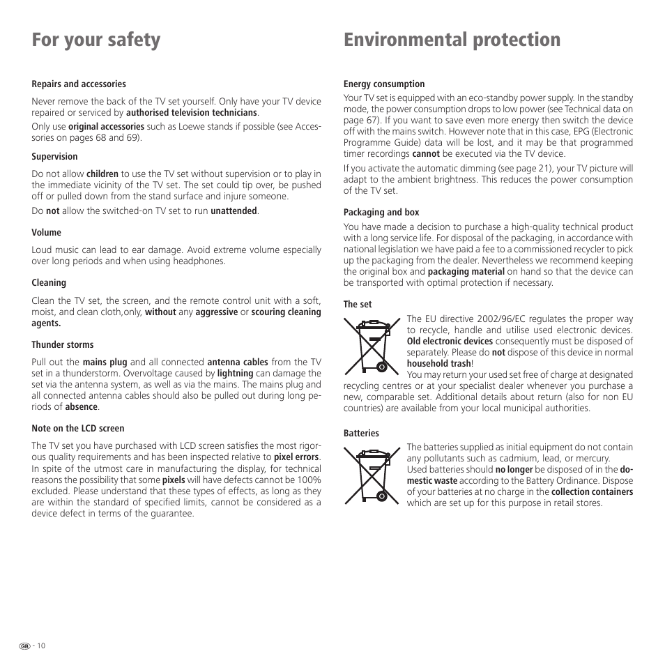 For your safety, Environmental protection | Loewe 52 User Manual | Page 10 / 74
