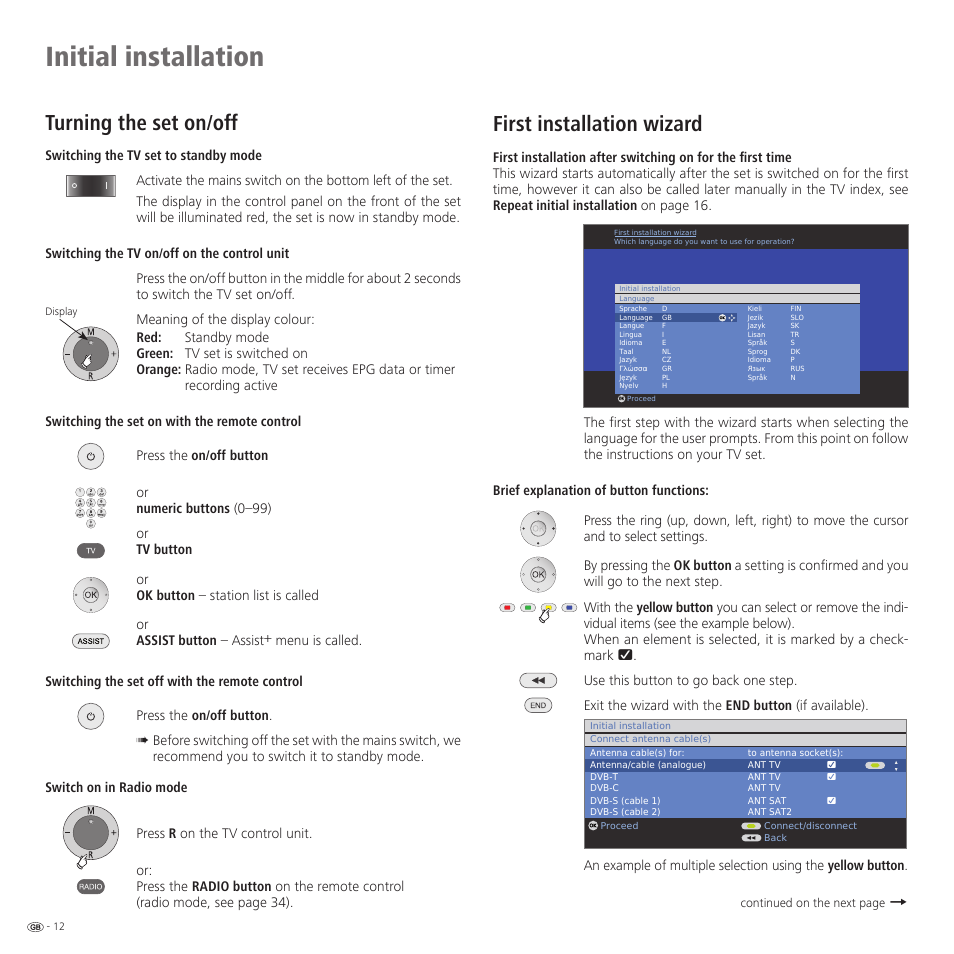 Initial installation, Turning the set on/off, First installation wizard | Loewe 52 User Manual | Page 12 / 74