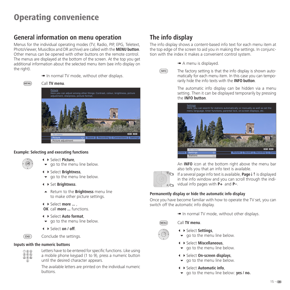 Operating convenience, The info display, General information on menu operation | Loewe 52 User Manual | Page 15 / 74