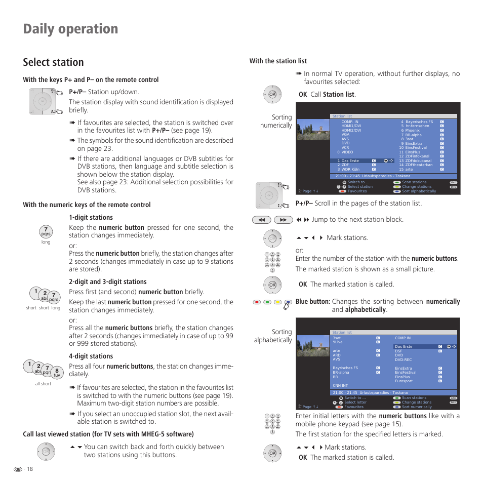 Daily operation, Select station, Sorting numerically sorting alphabetically | Loewe 52 User Manual | Page 18 / 74