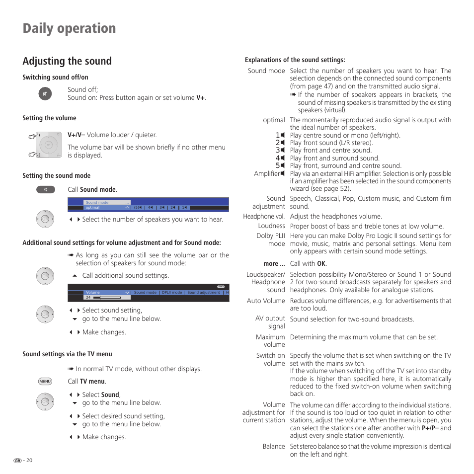 Daily operation, Adjusting the sound | Loewe 52 User Manual | Page 20 / 74