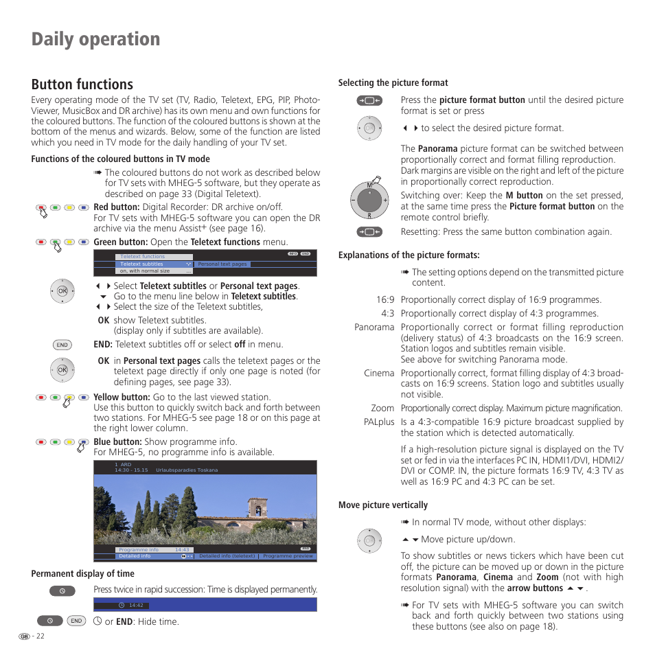 Daily operation, Button functions | Loewe 52 User Manual | Page 22 / 74