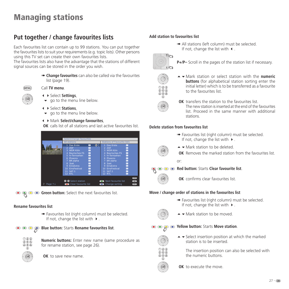 Managing stations, Put together / change favourites lists | Loewe 52 User Manual | Page 27 / 74