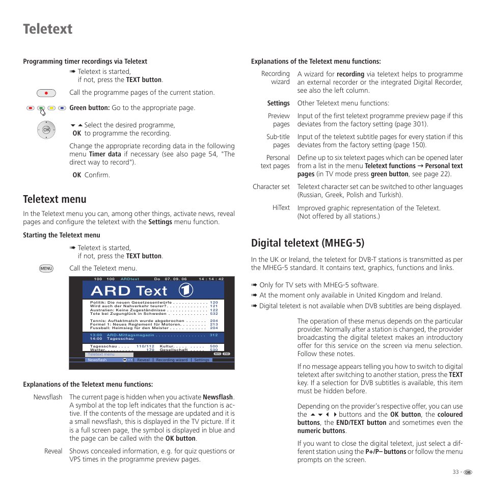 Teletext, Ard text, Teletext menu | Digital teletext (mheg-5) | Loewe 52 User Manual | Page 33 / 74