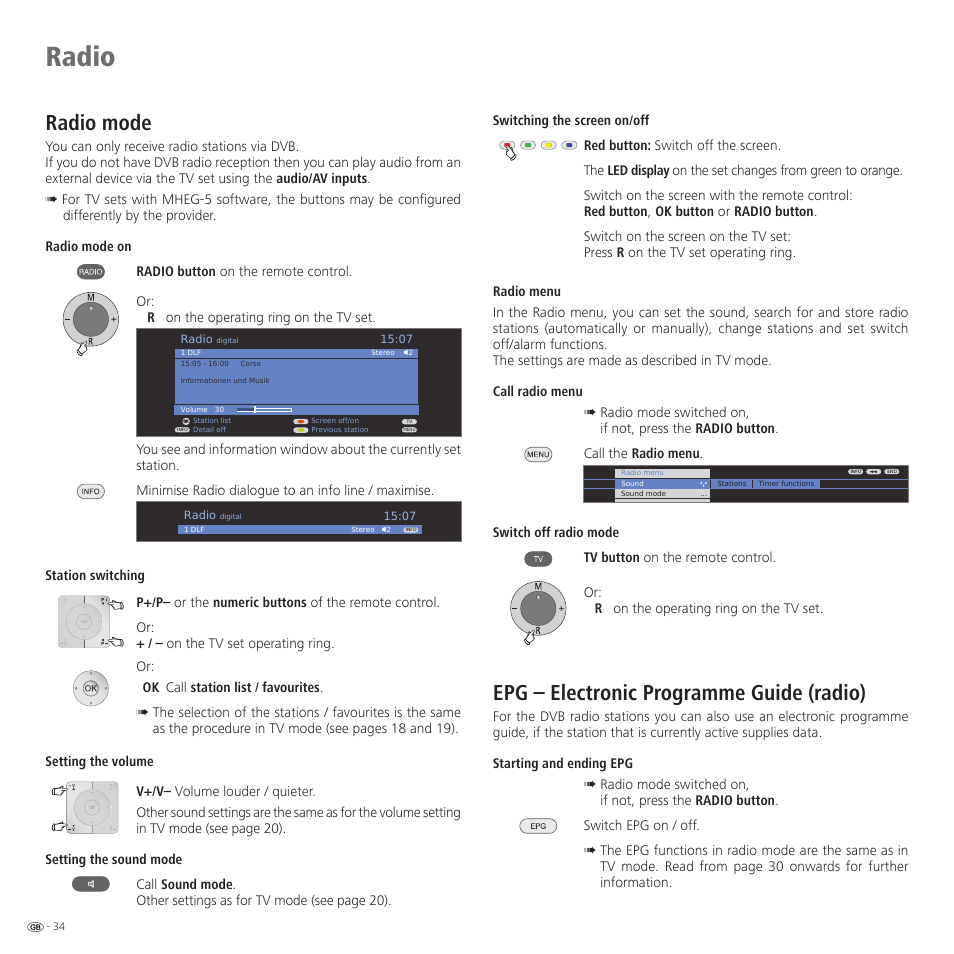 Radio, Radio mode, Epg – electronic programme guide (radio) | Loewe 52 User Manual | Page 34 / 74
