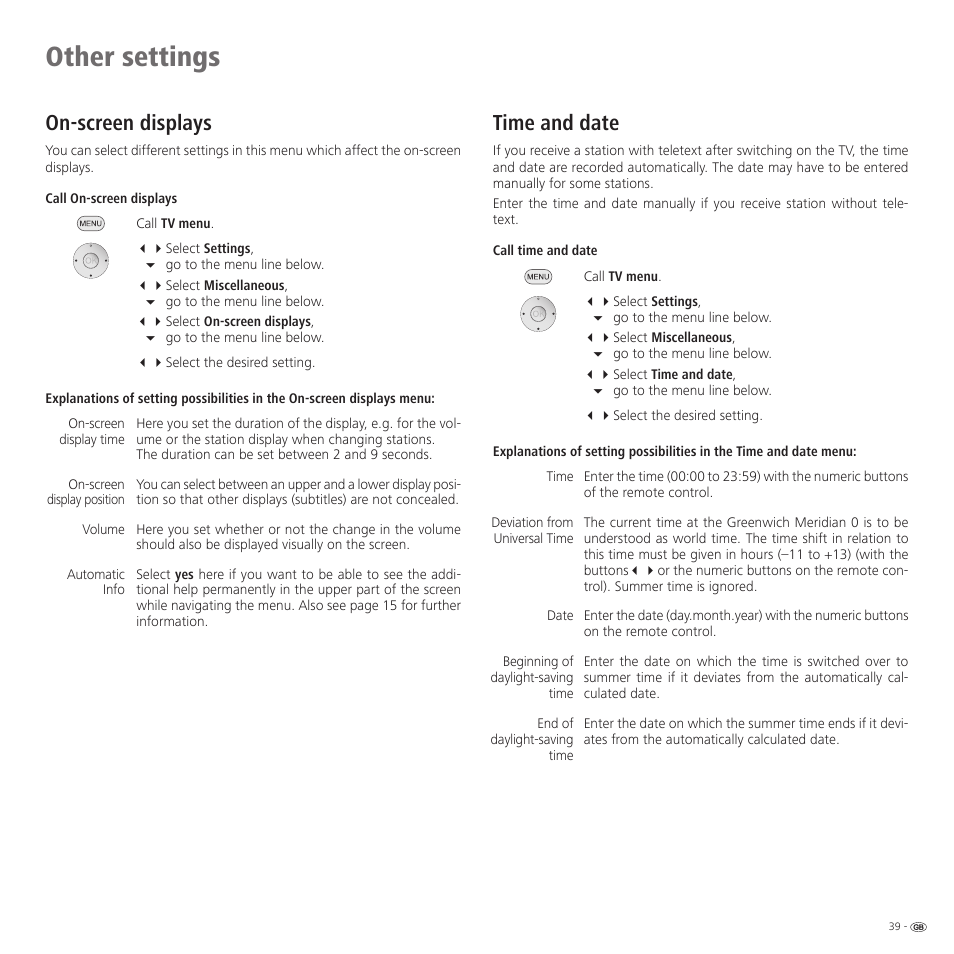 Other settings, On-screen displays, Time and date | Loewe 52 User Manual | Page 39 / 74