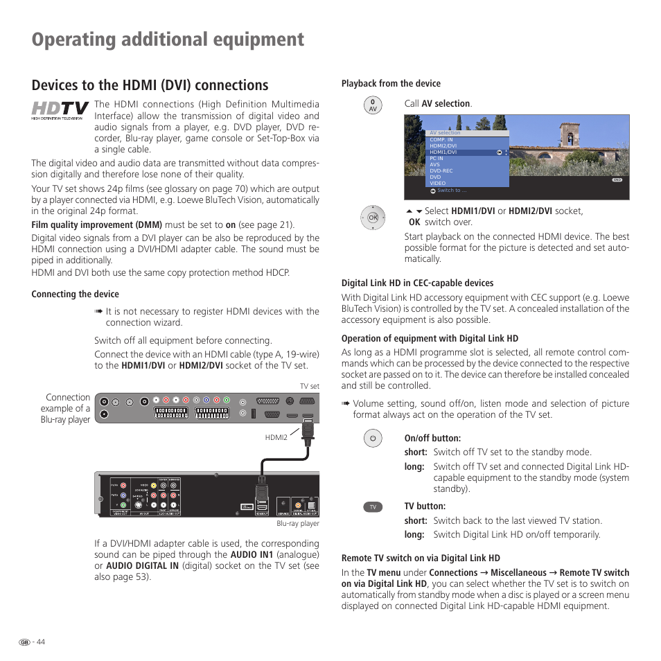 Operating additional equipment, Devices to the hdmi (dvi) connections | Loewe 52 User Manual | Page 44 / 74