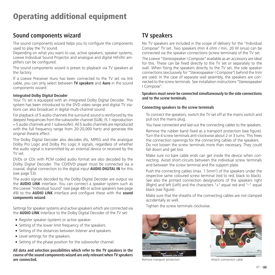 Operating additional equipment, Sound components wizard, Tv speakers | Loewe 52 User Manual | Page 47 / 74