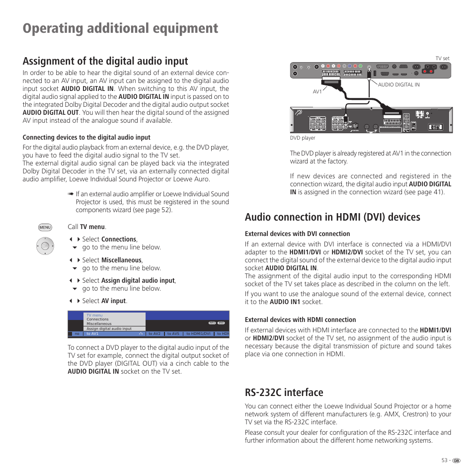 Operating additional equipment, Audio connection in hdmi (dvi) devices, Rs-232c interface | Assignment of the digital audio input | Loewe 52 User Manual | Page 53 / 74