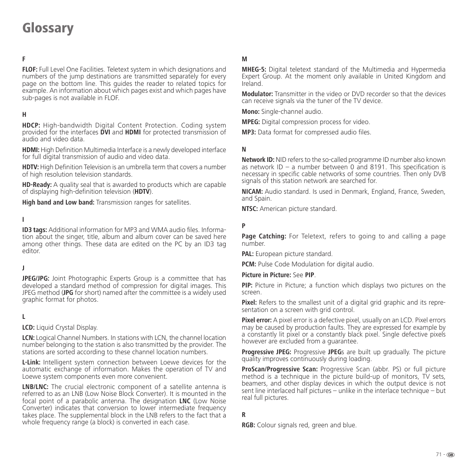 Glossary | Loewe 52 User Manual | Page 71 / 74