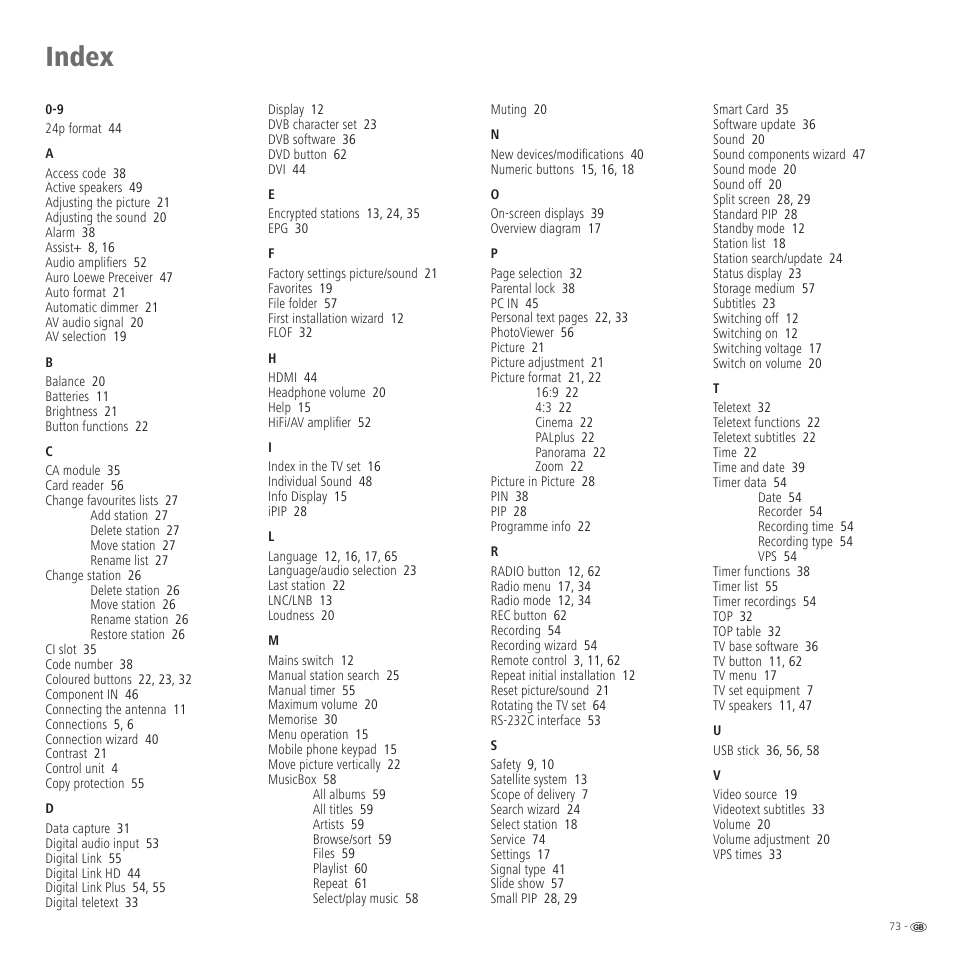 Index | Loewe 52 User Manual | Page 73 / 74