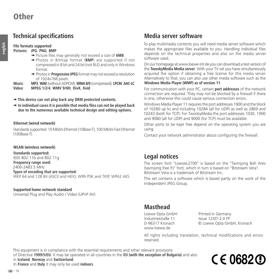 Other, Technical specifications, Media server software | Legal notices, Masthead | Loewe Network Mediaplayer Accessories TV User Manual | Page 16 / 22