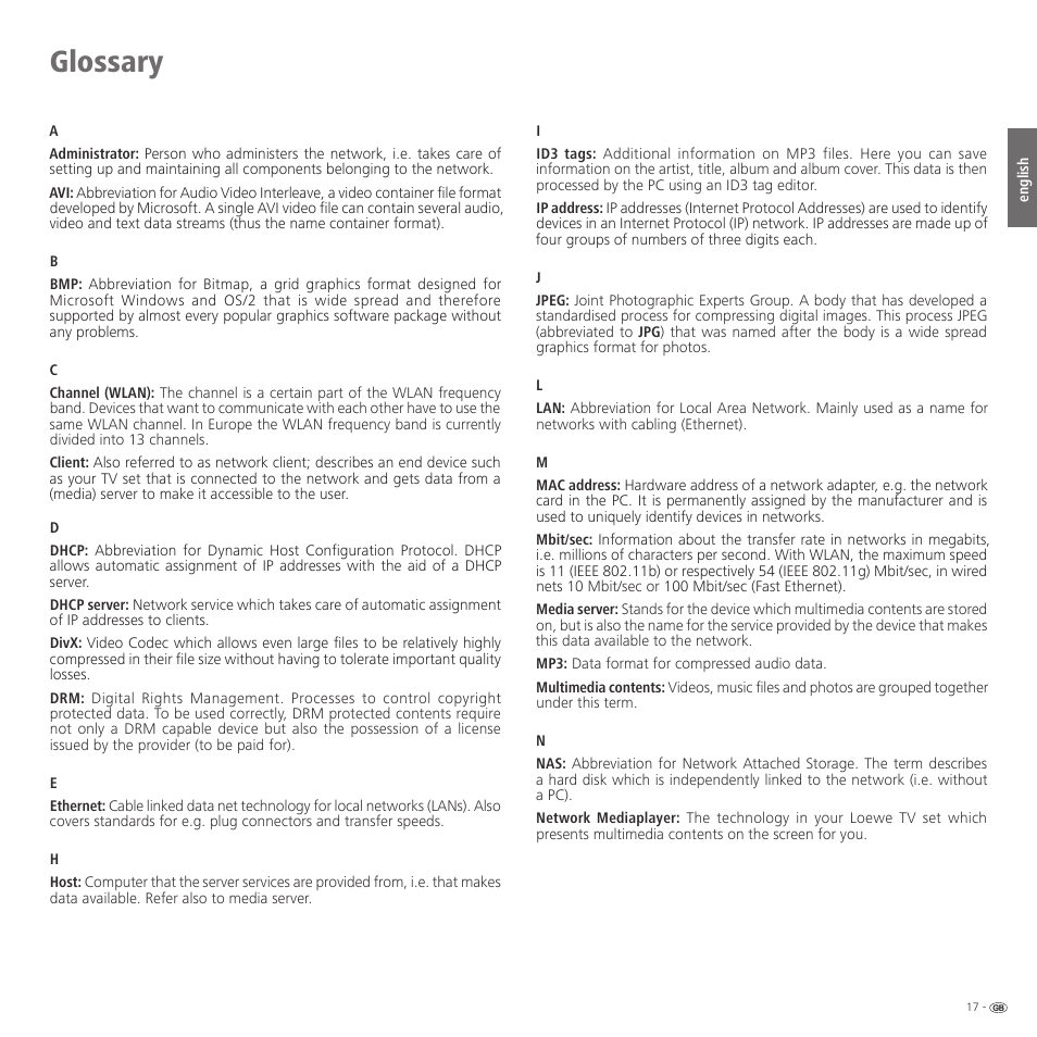 Glossary | Loewe Network Mediaplayer Accessories TV User Manual | Page 17 / 22