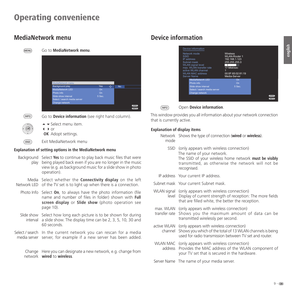 Operating convenience, Medianetwork menu, Device information | Loewe Network Mediaplayer Accessories TV User Manual | Page 9 / 22