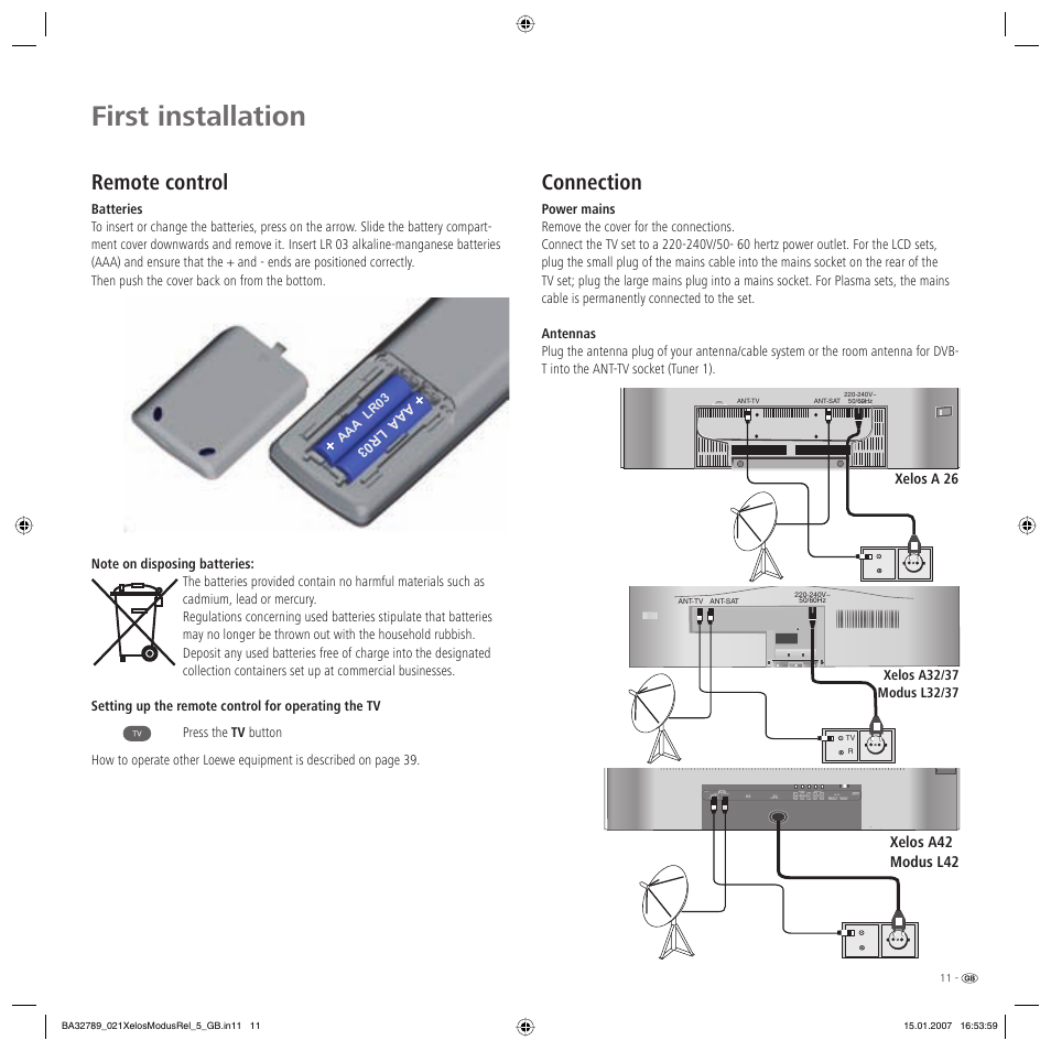 First installation, Remote control, Connection | Loewe A 42 User Manual | Page 11 / 46