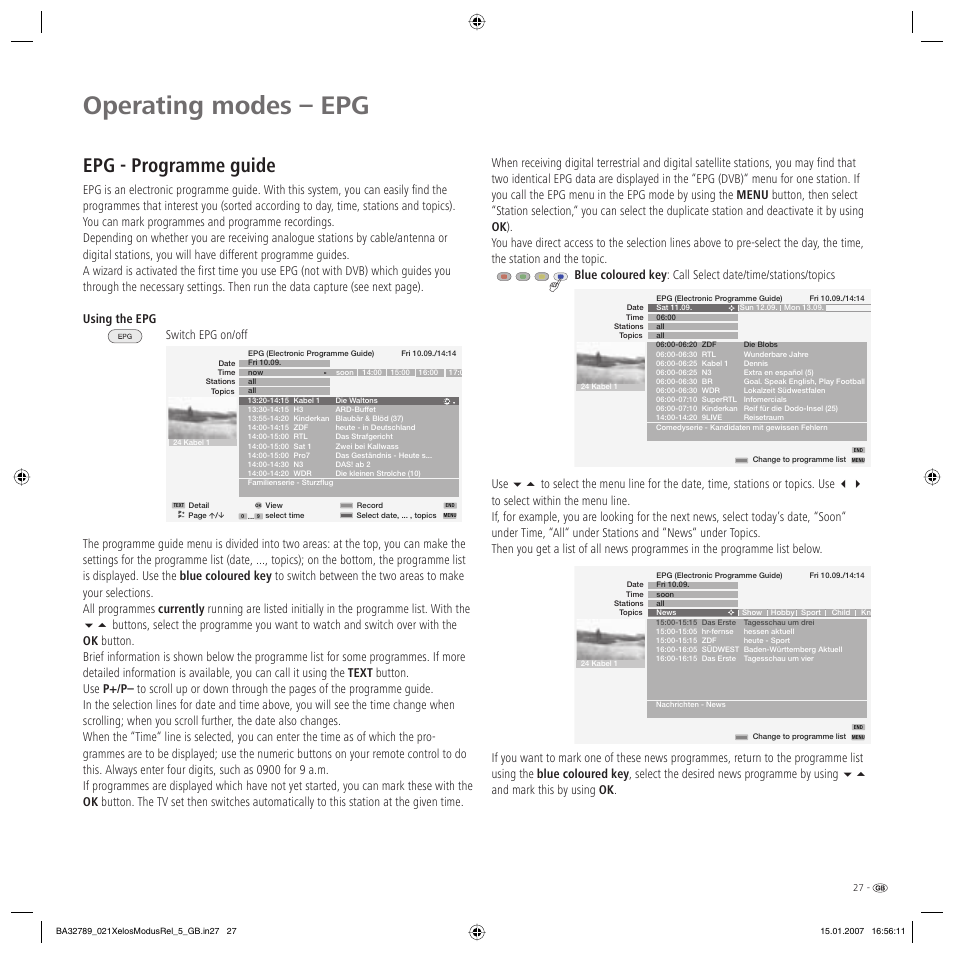 Operating modes – epg, Epg - programme guide | Loewe A 42 User Manual | Page 27 / 46