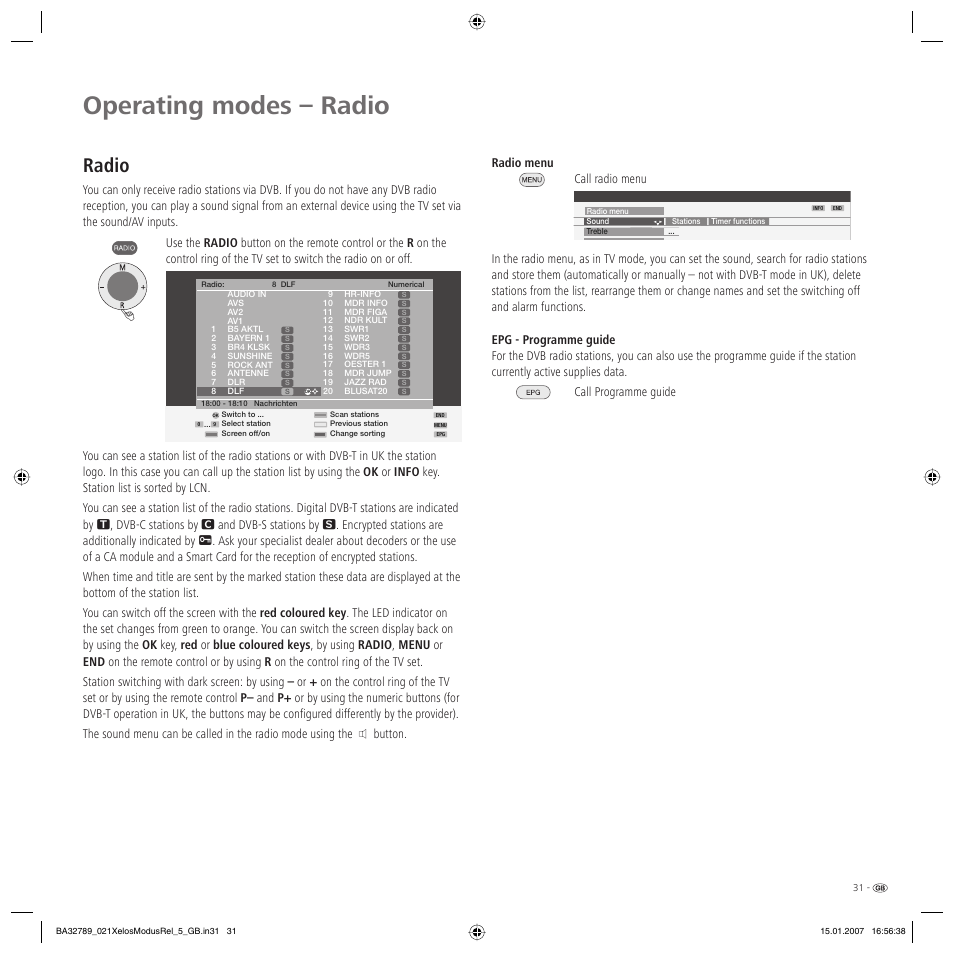 Operating modes – radio, Radio, Button | Loewe A 42 User Manual | Page 31 / 46