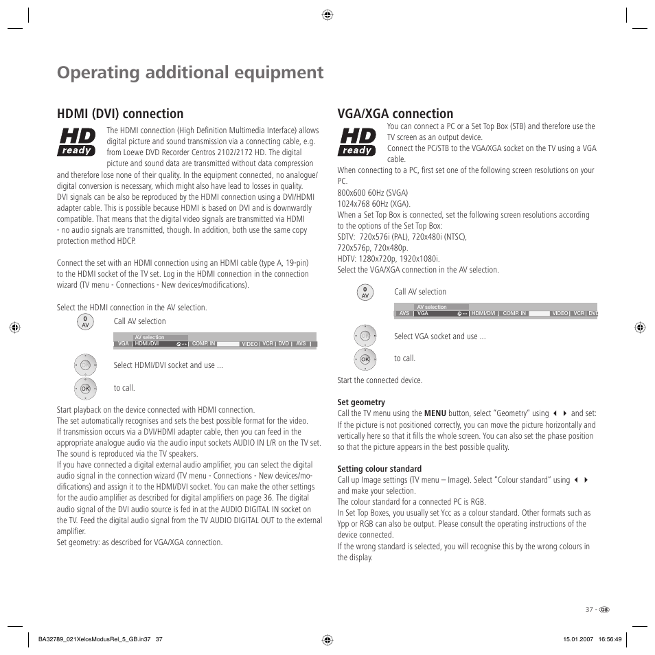 Operating additional equipment, Hdmi (dvi) connection, Vga/xga connection | Loewe A 42 User Manual | Page 37 / 46