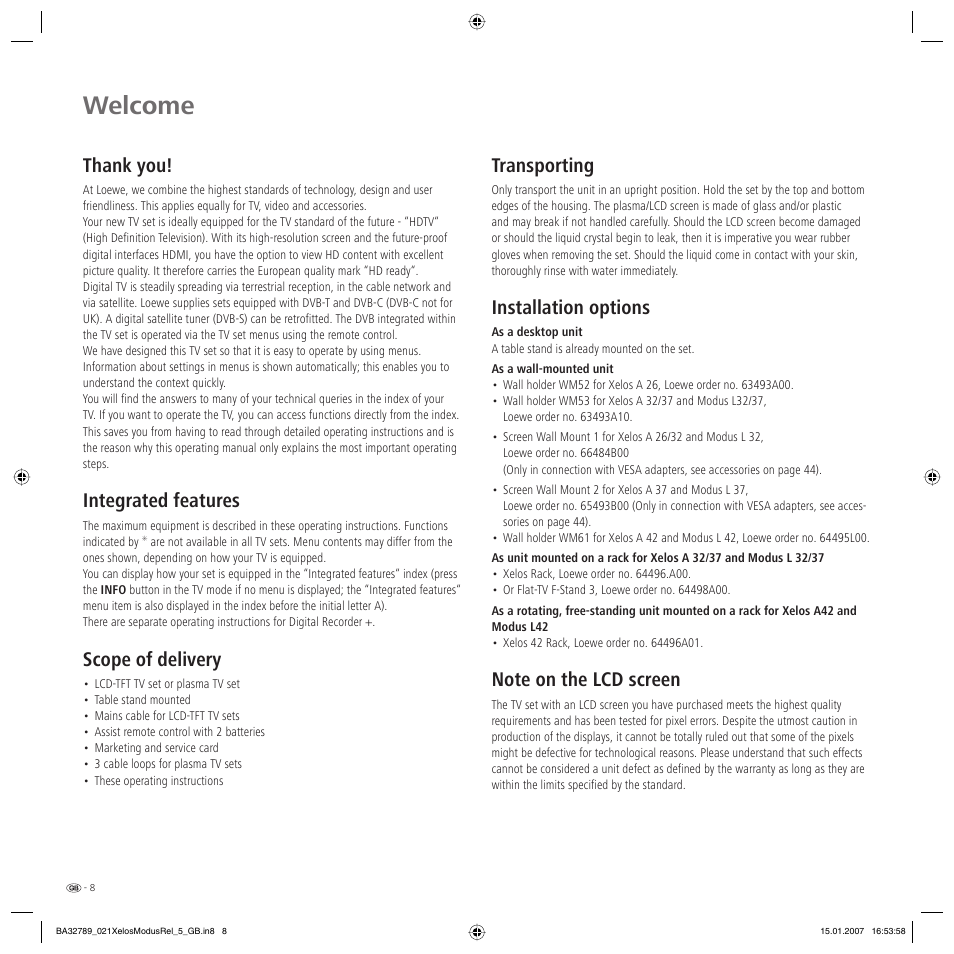 Welcome, Transporting, Installation options | Integrated features, Scope of delivery | Loewe A 42 User Manual | Page 8 / 46