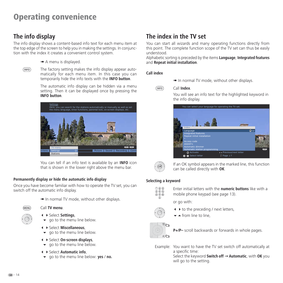 Operating convenience, The index in the tv set, The info display | Loewe SPHEROS R 32 User Manual | Page 14 / 60
