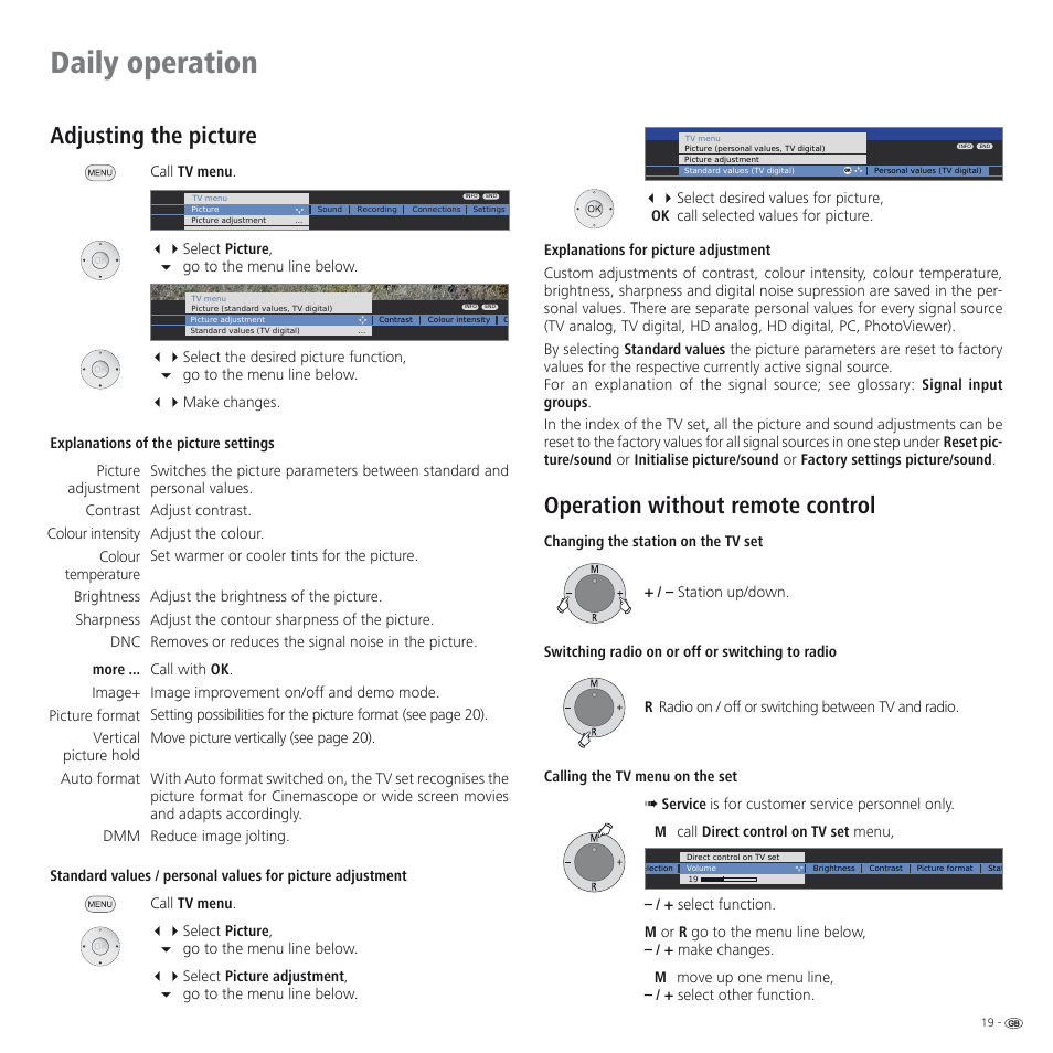 Daily operation, Adjusting the picture, Operation without remote control | Loewe SPHEROS R 32 User Manual | Page 19 / 60