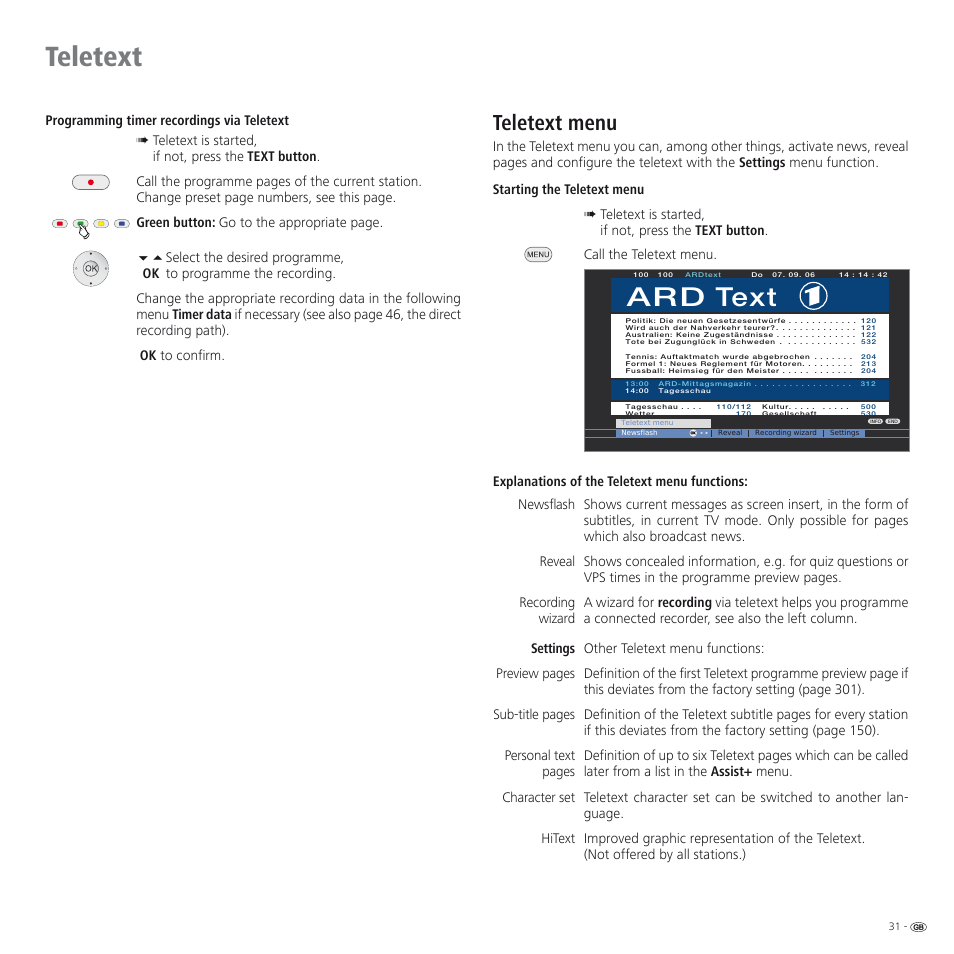 Teletext, Ard text, Teletext menu | Loewe SPHEROS R 32 User Manual | Page 31 / 60
