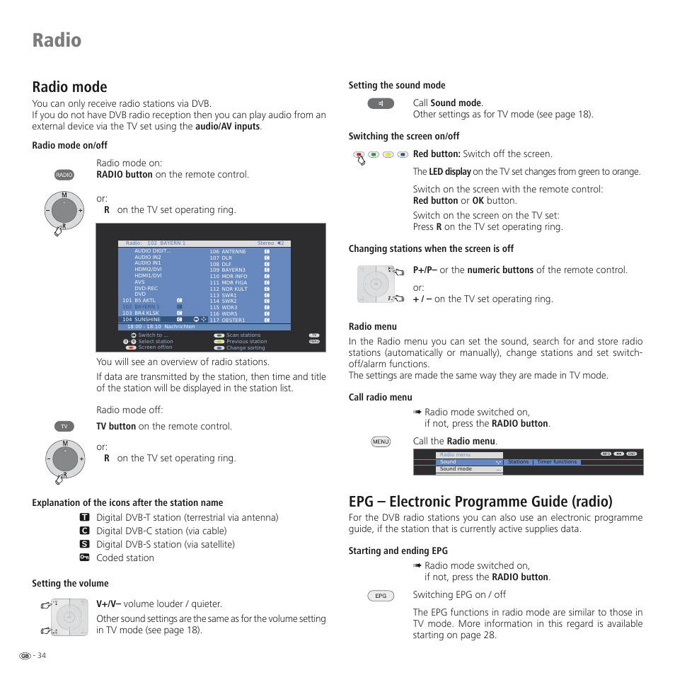 Radio, Radio mode, Epg – electronic programme guide (radio) | Loewe SPHEROS R 32 User Manual | Page 34 / 60