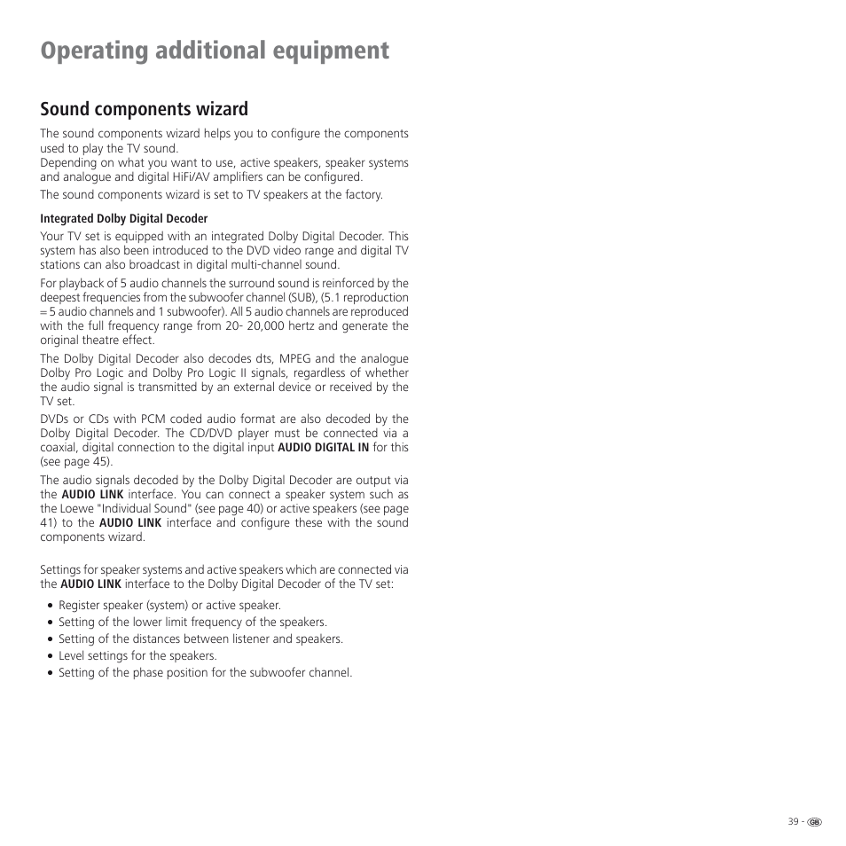 Operating additional equipment, Sound components wizard | Loewe SPHEROS R 32 User Manual | Page 39 / 60