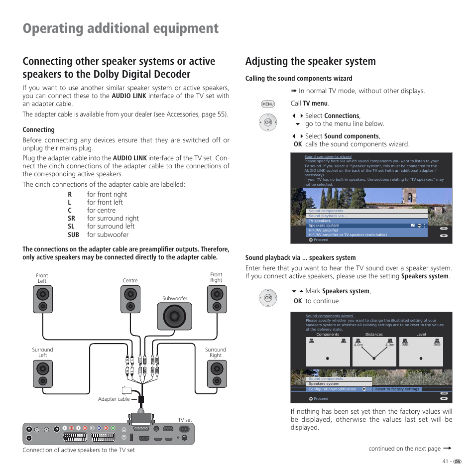 Operating additional equipment, Adjusting the speaker system | Loewe SPHEROS R 32 User Manual | Page 41 / 60