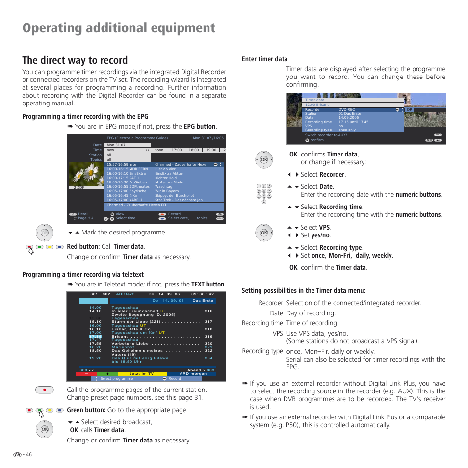Operating additional equipment, The direct way to record, Recorder date recording time vps recording type | Loewe SPHEROS R 32 User Manual | Page 46 / 60