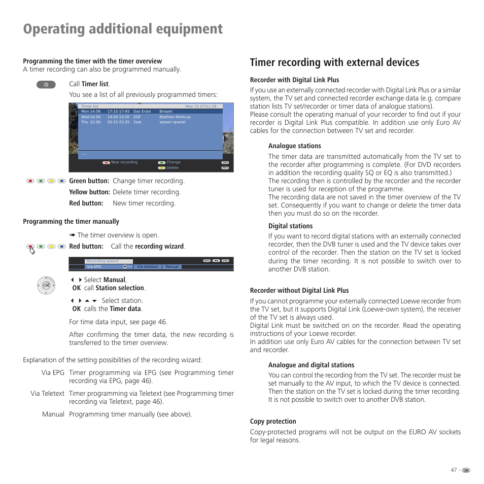 Operating additional equipment, Timer recording with external devices | Loewe SPHEROS R 32 User Manual | Page 47 / 60