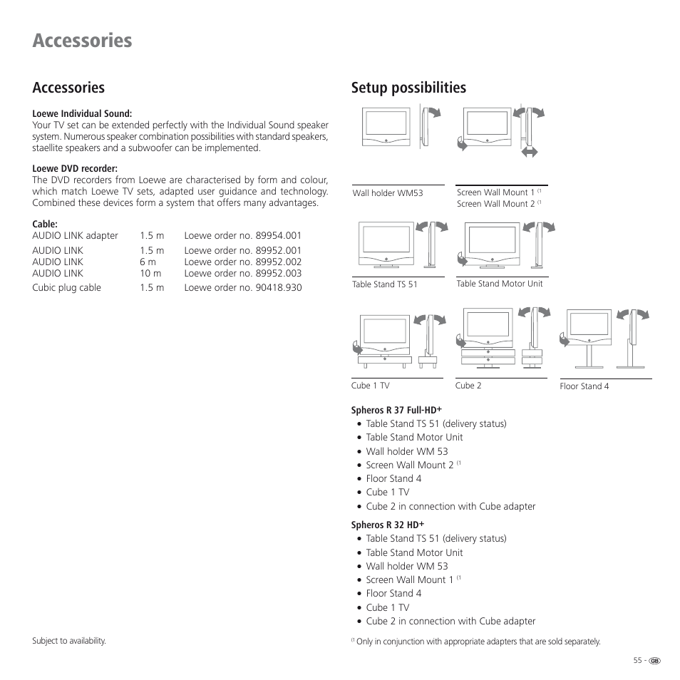 Accessories, Setup possibilities | Loewe SPHEROS R 32 User Manual | Page 55 / 60