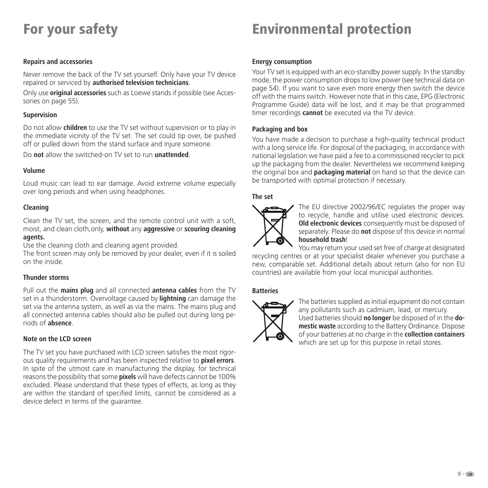 For your safety, Environmental protection | Loewe SPHEROS R 32 User Manual | Page 9 / 60