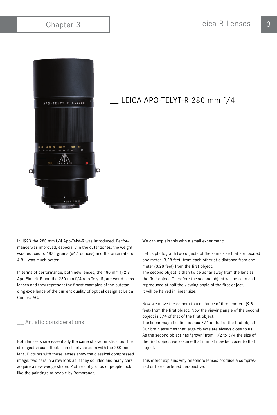 Chapter 3 leica r-lenses 3, Leica apo-telyt-r 280 mm f/4, Artistic considerations | LEICA APO-ELMARIT-R User Manual | Page 4 / 11